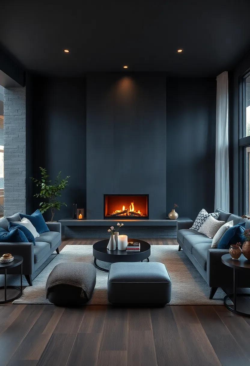 Combination of Dark Matte Walls and Warm Fireplace Glow Creating a Plush Atmosphere of Refinement