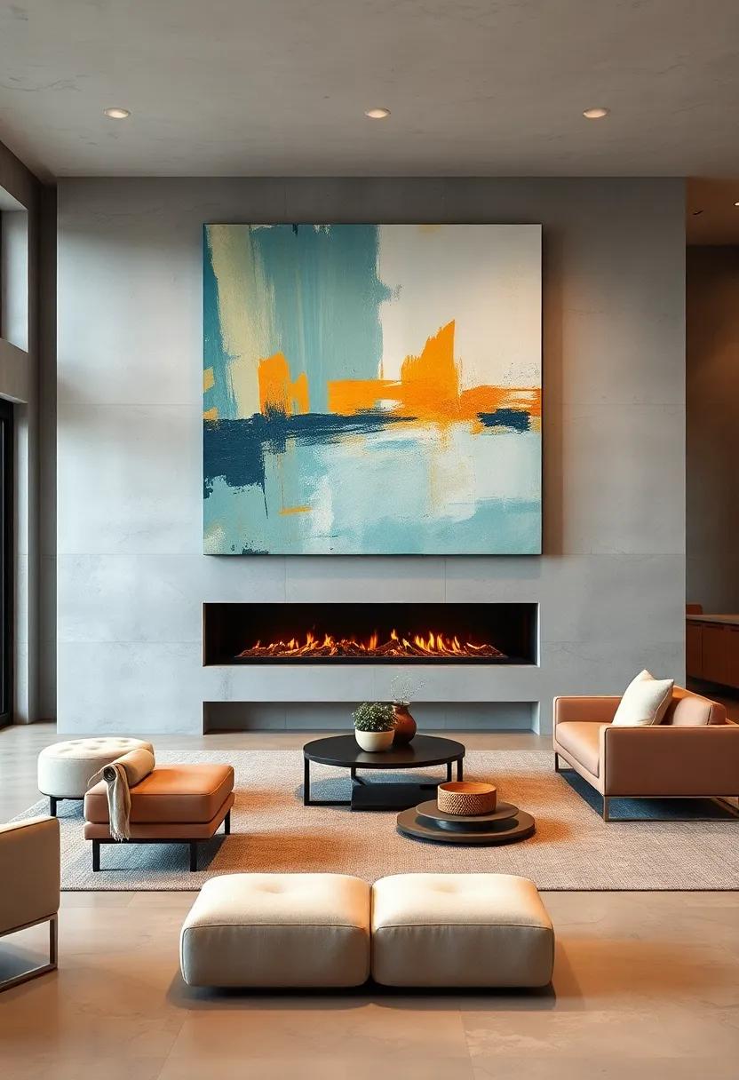 Natural Wood Accents and Greenery Blending Seamlessly with a Modern Fireplace Focal Point