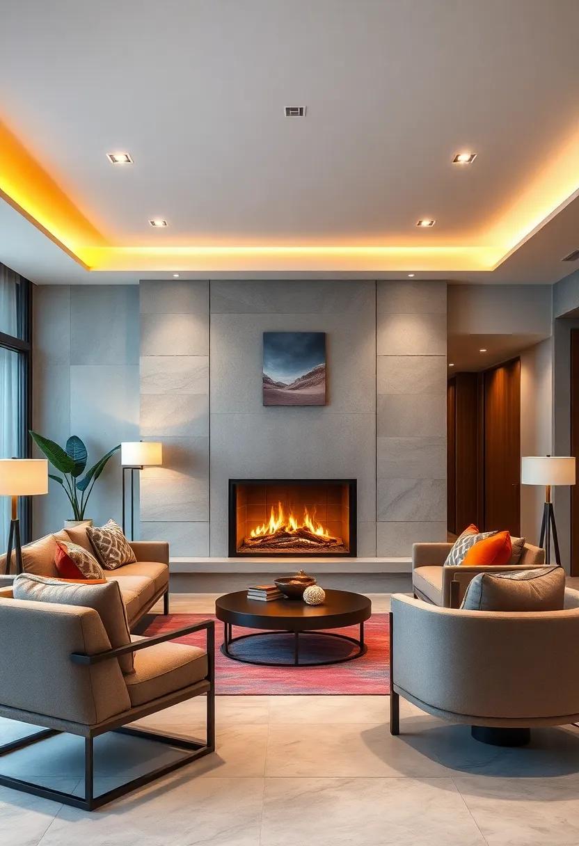 Luxurious Marble Fireplace Surround Paired with Mid-Century Modern Furniture and Soft Lighting