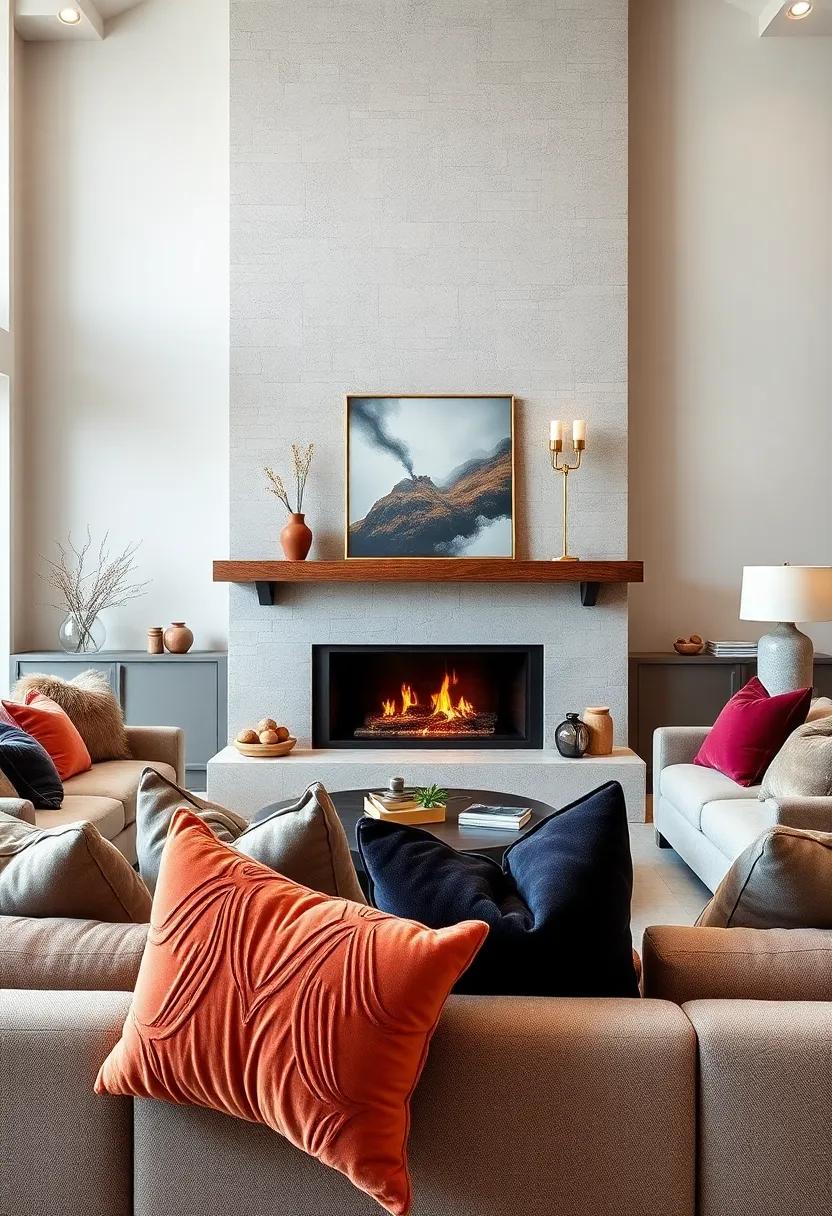 Luxurious Throw Pillows in Velvet and Silk Textures Adding Depth Around a Contemporary Fireplace