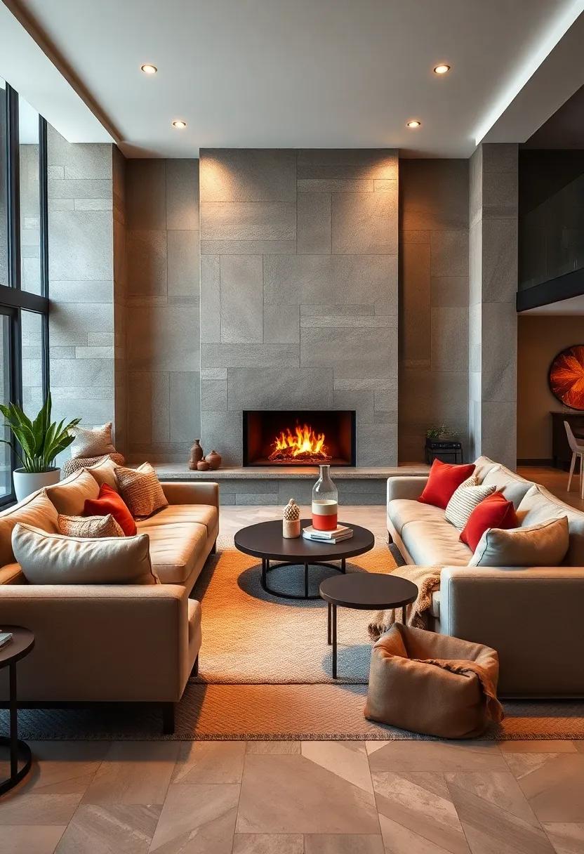 Flexible Modular Seating Pieces Forming Intimate Conversation Areas Near a Warm Fireplace Glow