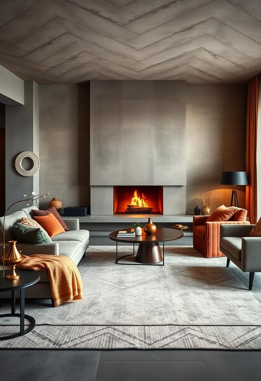 Warm Textured Rugs and Soft Throws Enhancing the Intimacy of a Fireplace-Centered Lounge Space