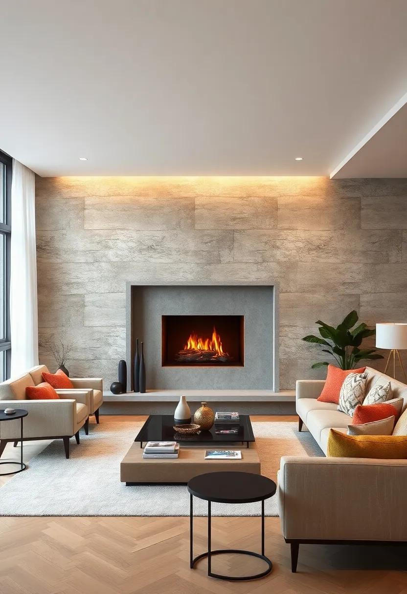 Textured Wallpaper Backdrop Setting a Sophisticated Tone for a Fireplace-Focused Lounge Space