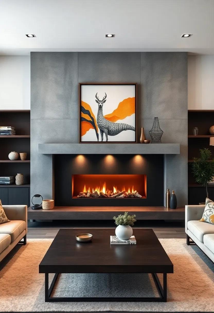 Symmetrical Arrangement of Artwork Over a Streamlined Fireplace in a Contemporary Living Room