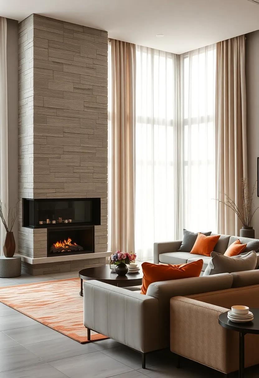 Soft Sheer Curtains Diffusing Natural Light in a Living Room with a Bold Contemporary Fireplace Design