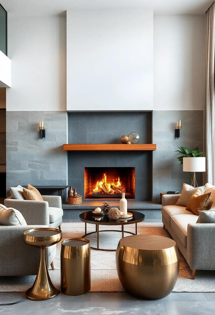 Metallic Side Tables and Sculptural Lighting Fixtures Complementing Fireplace Warmth and Modernity