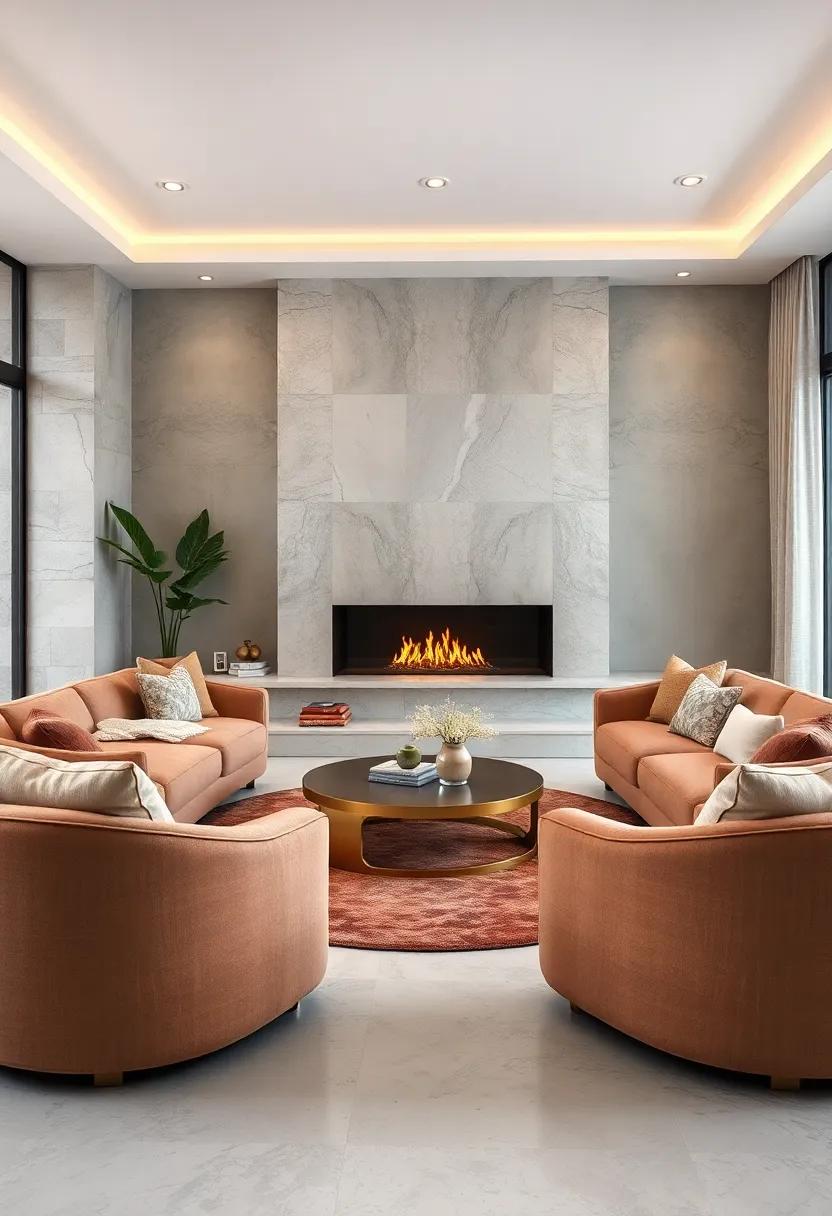 Curved Sofas and a Round Rug Centered Around a Modern Fireplace with Gold Trim Accents