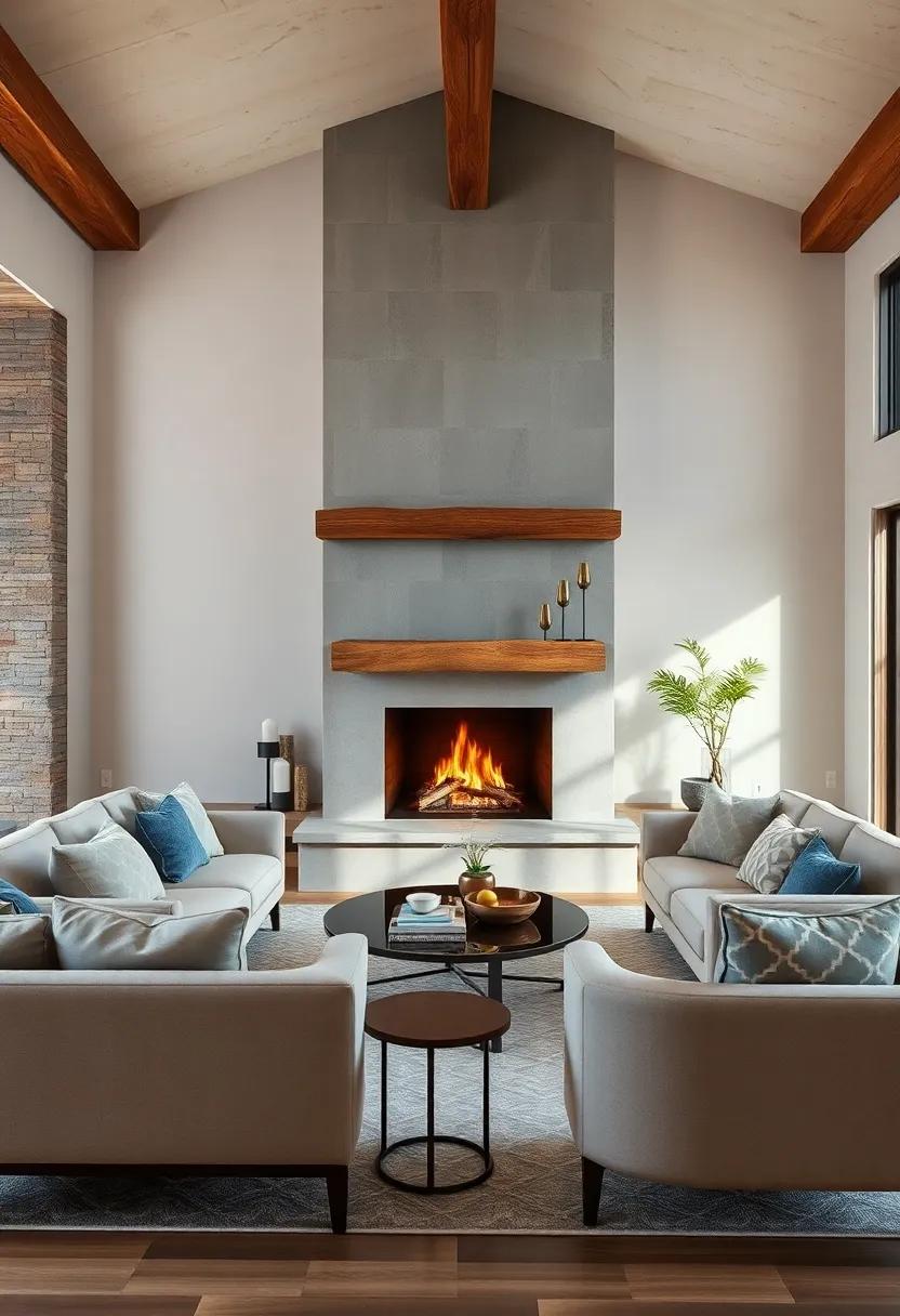 Rustic Beam Mantel Contrasting with Sleek Modern Furniture and Geometric Patterns in Soft Fabrics
