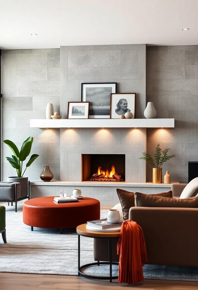 Open Shelf Fireplace Mantel Displaying Curated Art and Elegant Ceramics in a Cozy Modern Living Room