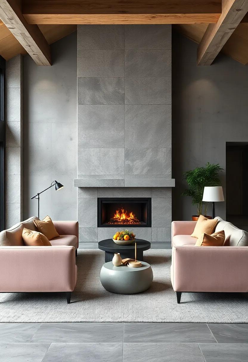 Soft Pastel Upholstered Seating Arranged Symmetrically Around a Glass-Enclosed Fireplace Insert
