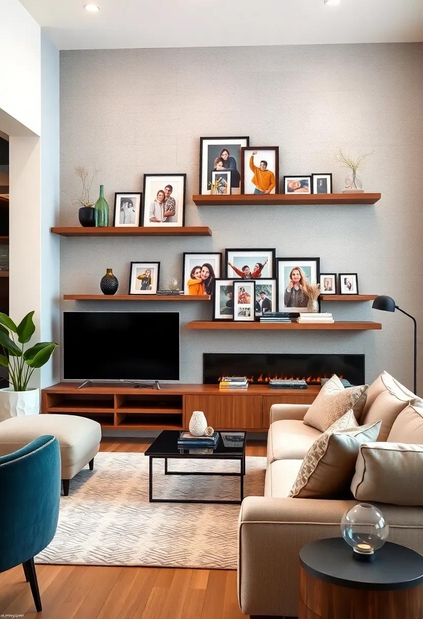 Family Photo Collage: Create⁤ a⁢ dynamic display ‌by mixing family photos in stylish frames with decorative objects on your floating shelves