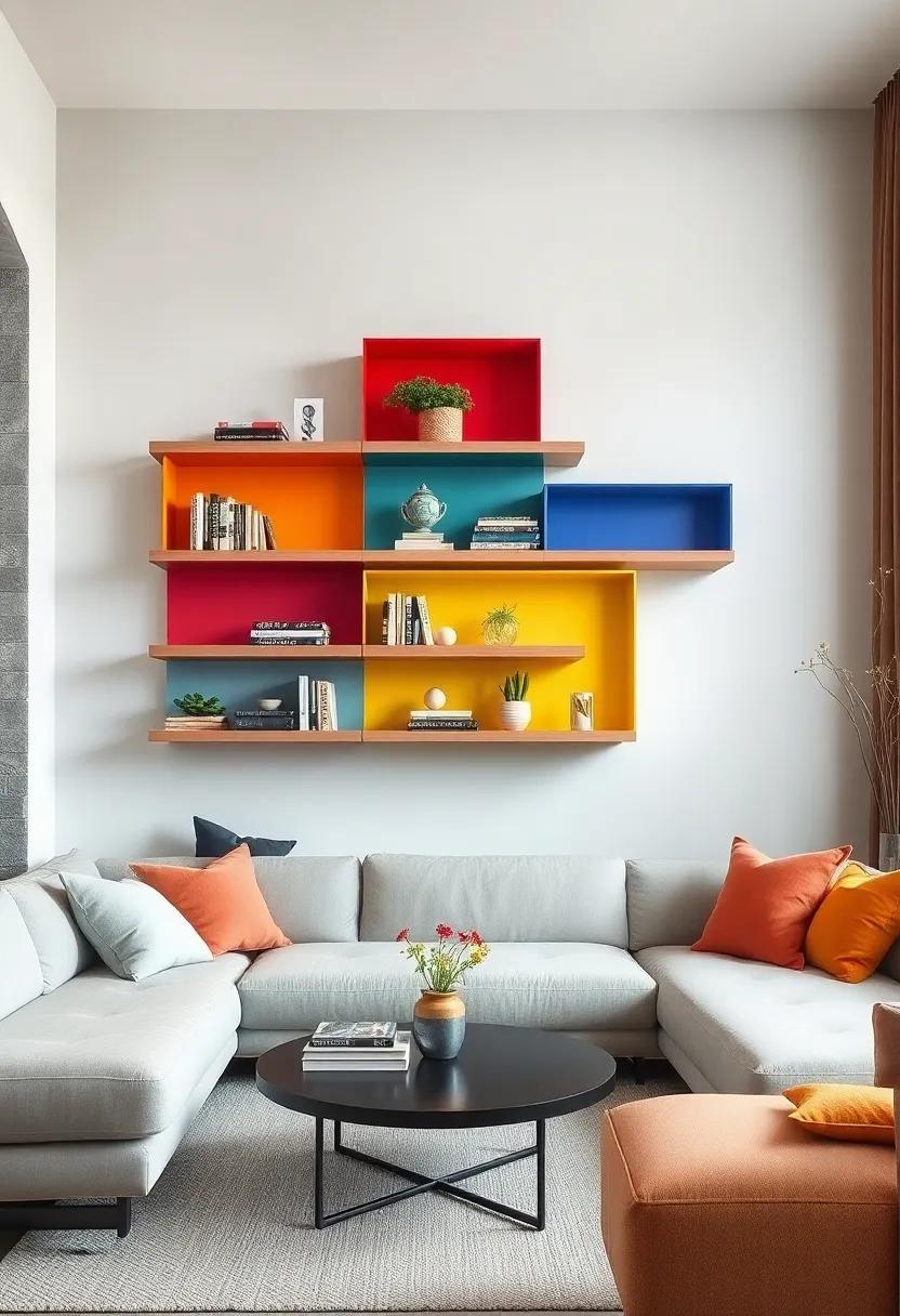 Creative‌ Color Blocking: ⁣Opt for colorful floating shelves in a variety of hues to create a playful display that houses books,⁣ art, and decor items