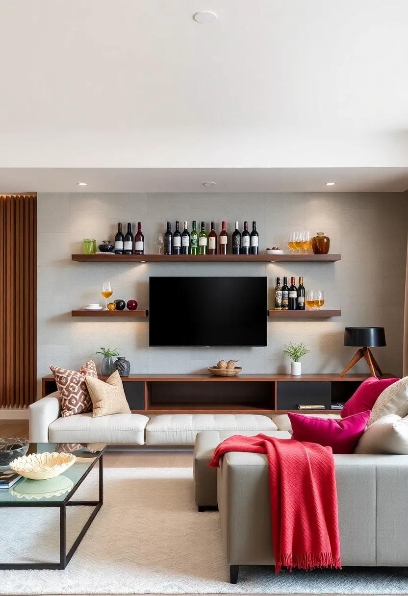 Floating Wine ‌Rack: Create an appealing​ display for ​wine bottles ‌and glasses by designing a floating‌ wine rack on your living room wall—perfect for entertaining