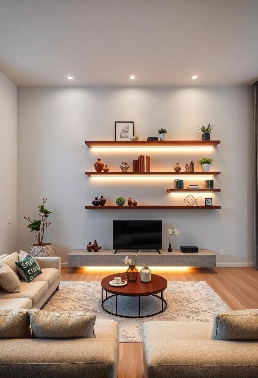 Layered Lighting Installation: Integrate floating shelves with built-in LED lights underneath to highlight decor⁣ and create a warm ambiance in the evening