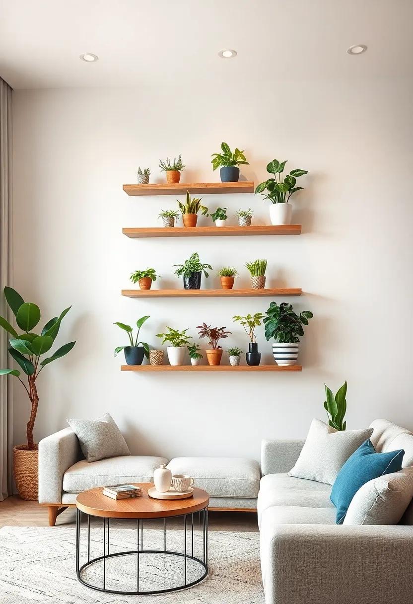 stylish Plant Display: Create a⁣ vertical garden using floating shelves to showcase a variety of plants, adding a refreshing touch to your living room