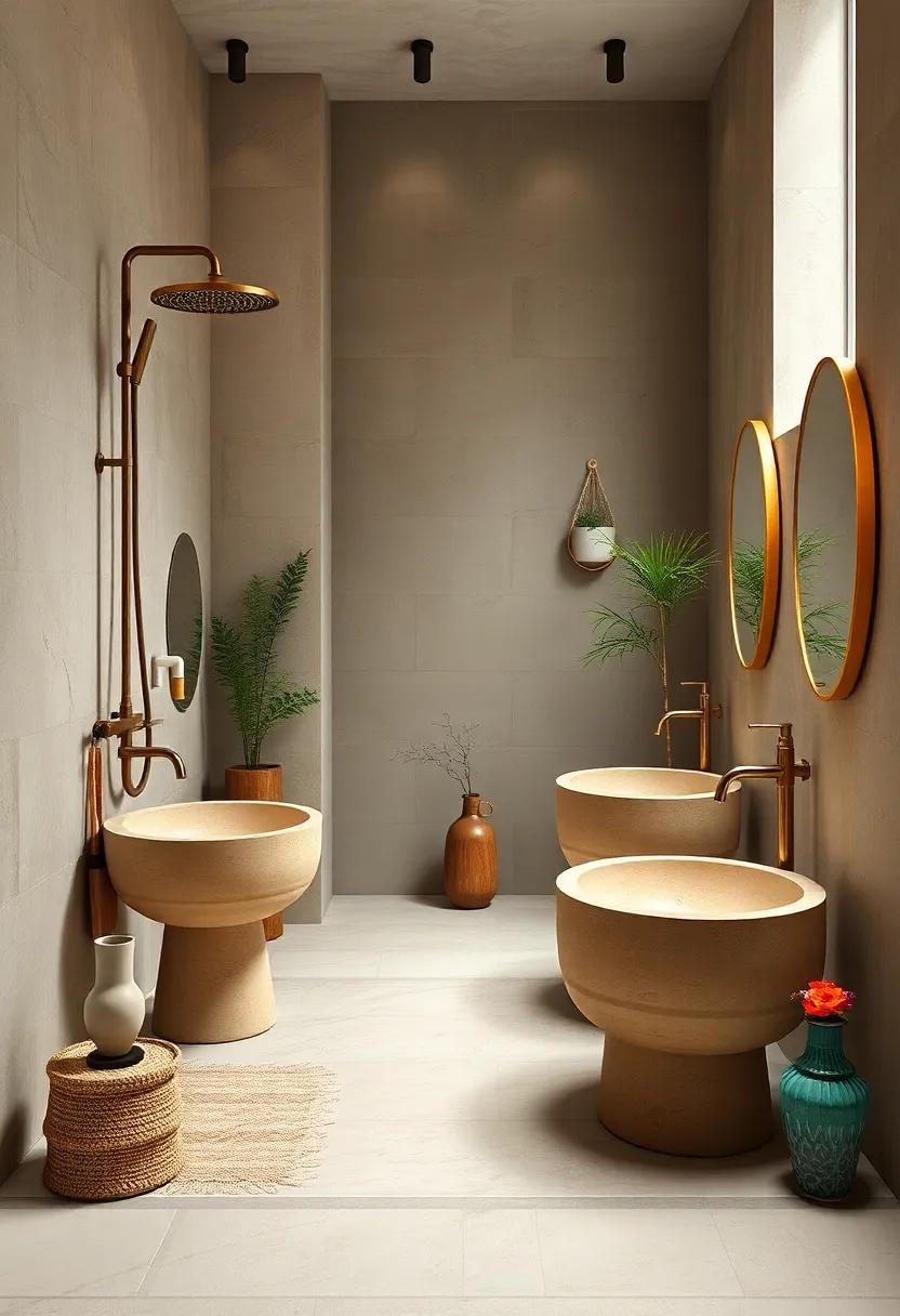 Antique Brass Shower Fixtures Combined With Earthy Stone Basins For A Unique Fusion Of Bohemian Luxury