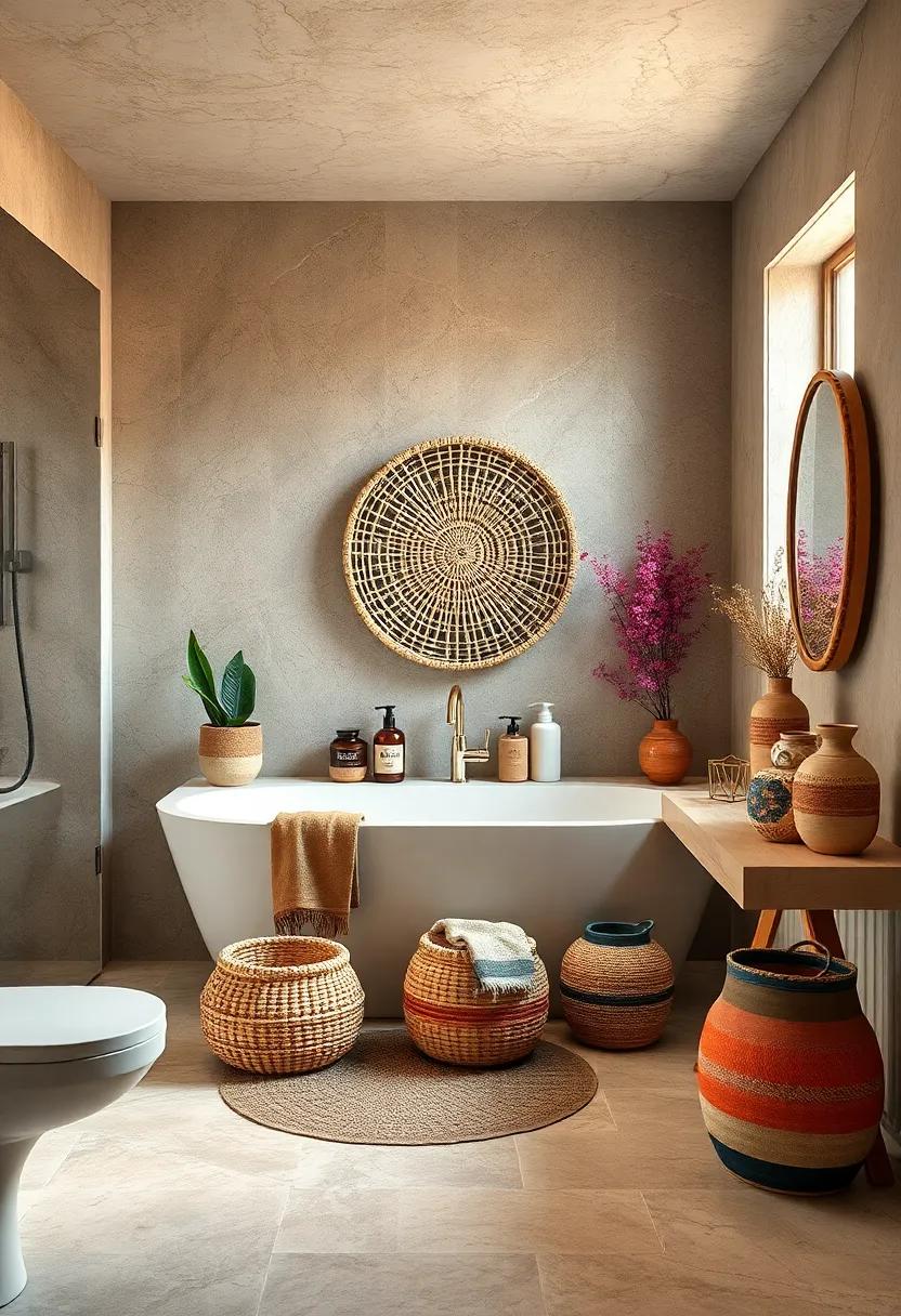 Artisan Woven Baskets And Handmade Pottery Displayed Casually To Elevate Rustic Bohemian Bathroom Storage Ideas