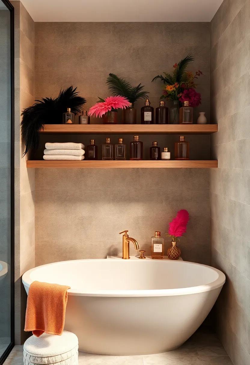 Boho Glam Bathroom Shelf Styling With Crystal Bottles, Feathered Accents, And Antique Perfume Sprays