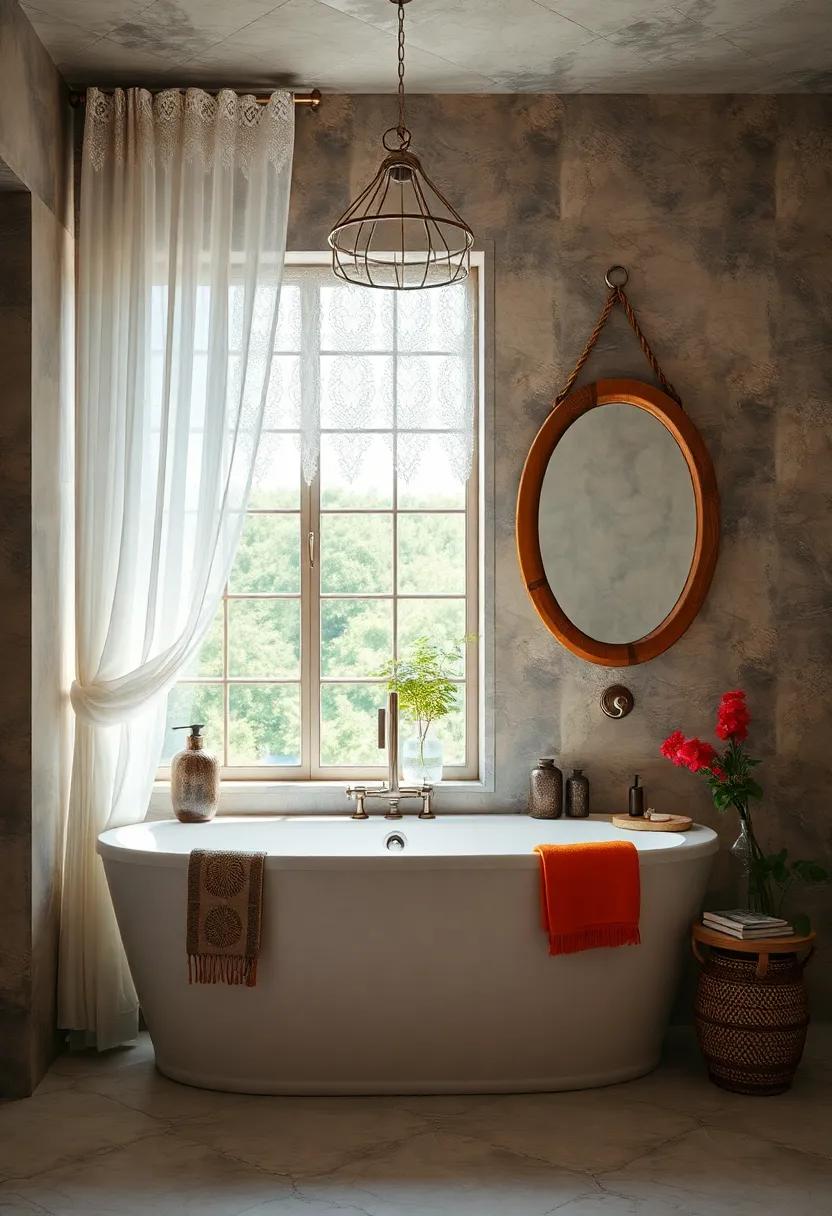 Delicate Lace Curtains And Reclaimed Wood Mirrors Framing A Bright And Airy Luxury Bohemian Bathroom Window