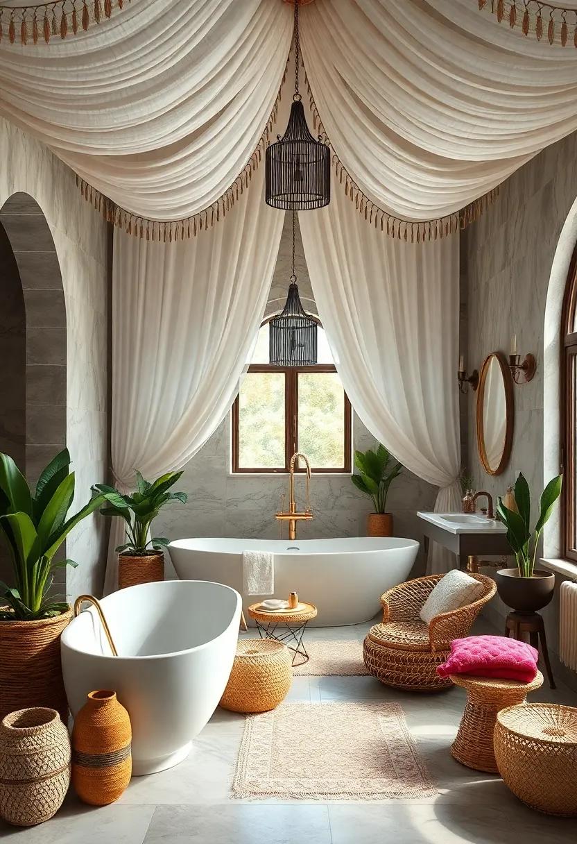 Draped Canopy Ceilings Using Sheer Fabrics To Create A Romantic And Whimsical Boho Bathroom Ambiance