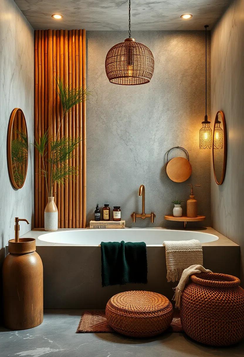 Eclectic Mix Of Rustic Bamboo And Velvet Textures Bringing Depth And Comfort To A Sophisticated Bathroom Space