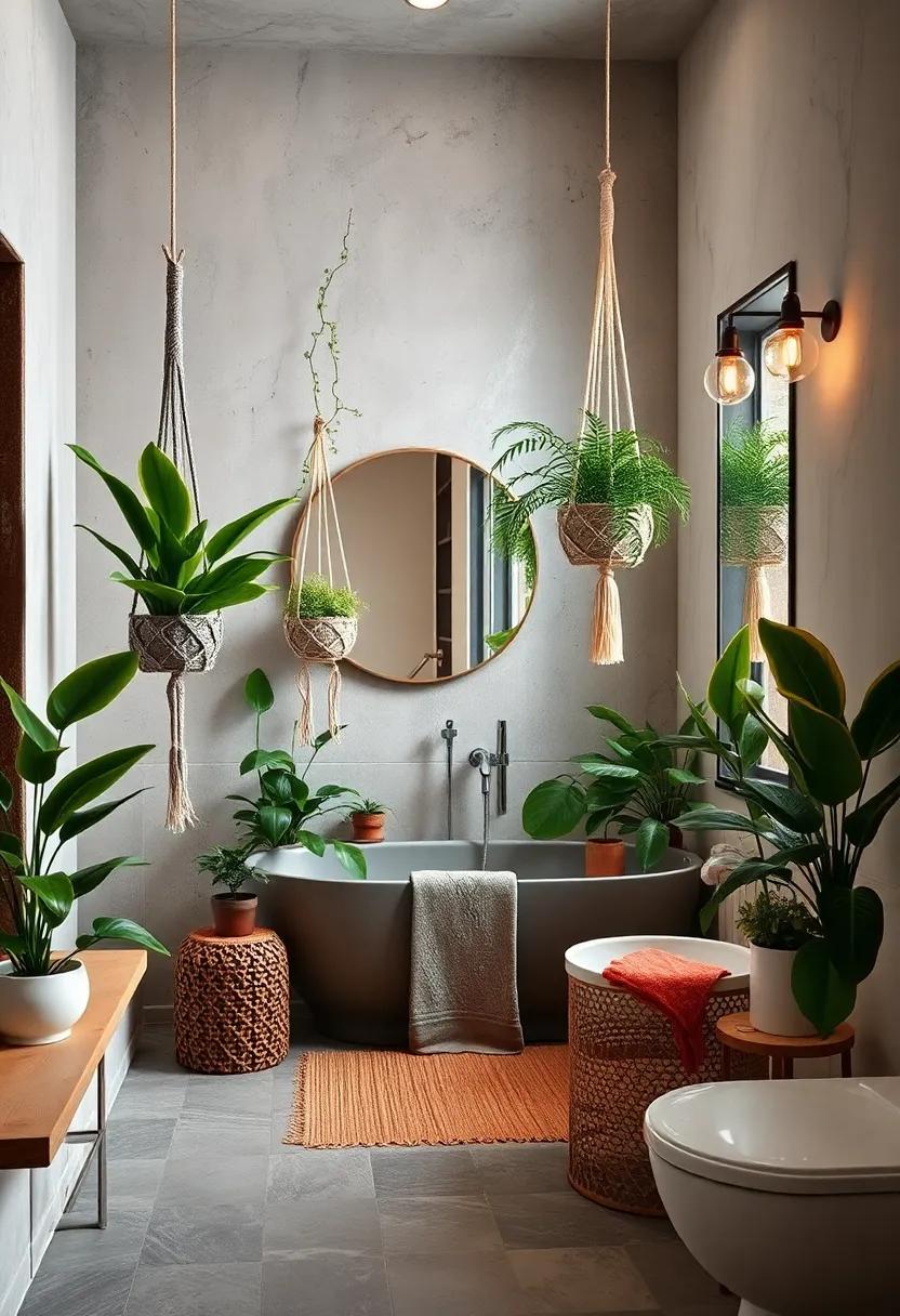 Exotic Plant Arrangements With Hanging Macrame Holders Enhancing A Lush Bohemian Bathroom Environment