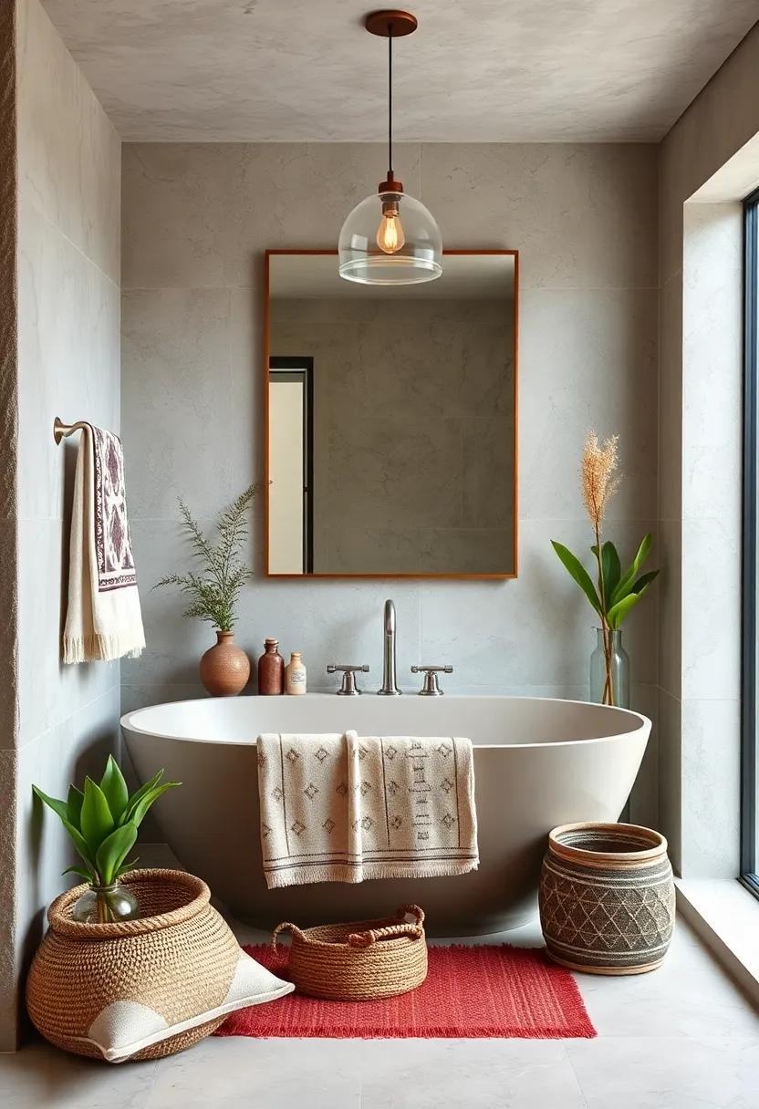 Geometric Patterned Towels And Throw Pillows Bringing Contemporary Edge To A Classic Bohemian Bathroom Setup