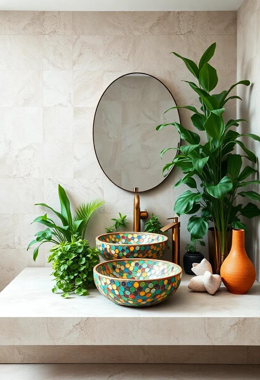 Handcrafted Mosaic Sink Bowls Surrounded By Lush Greenery For A Natural And Artistic Bathroom Focal Point