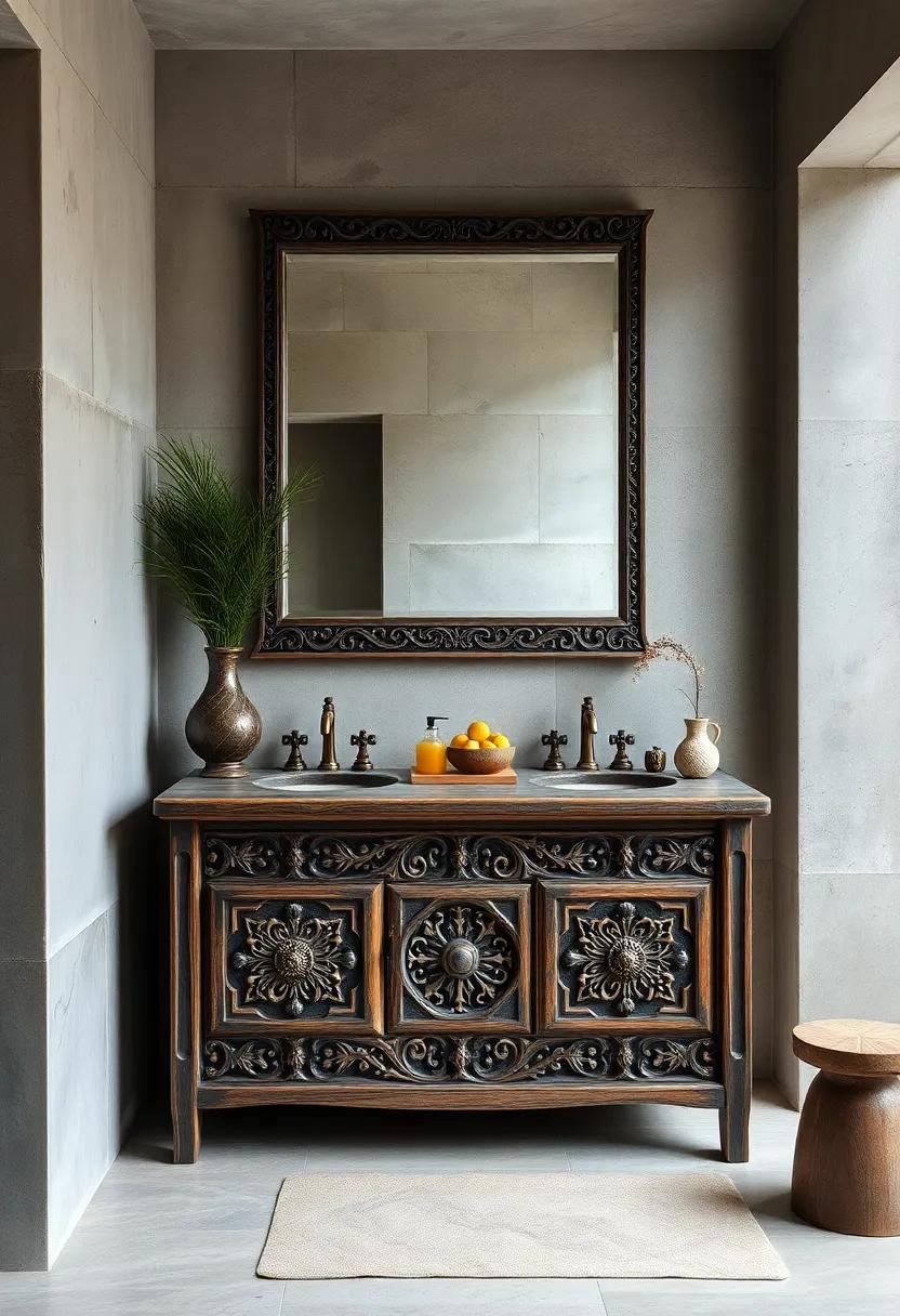 Intricately Carved Wooden Vanity Featuring Distressed Patina Paired With Brass Faucets For A Stylish Boho Flair