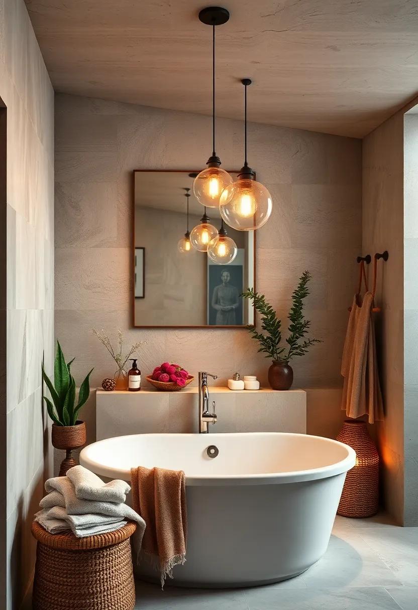 Layered Lighting With Vintage Pendants And Soft Ambient Glow Creating A Dreamy Boho Bathroom Atmosphere