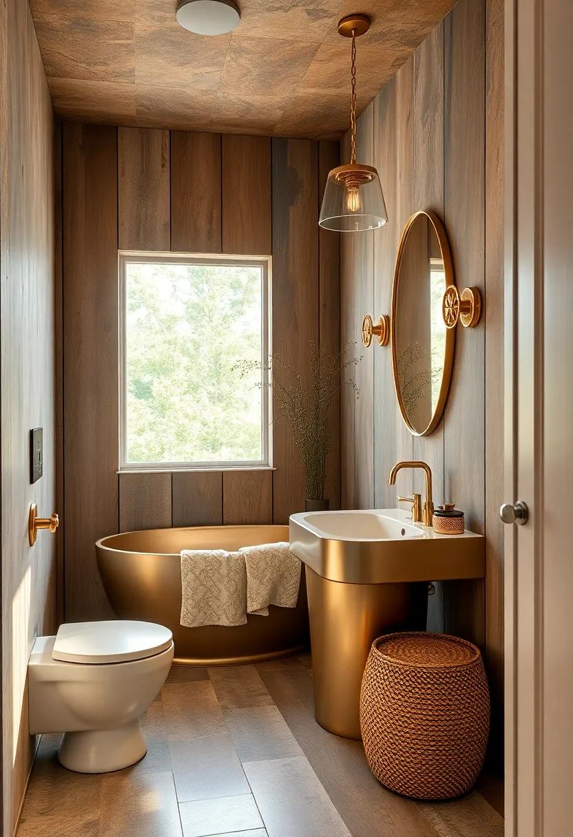 Opulent Gold Accents And Ornate Fixtures Set Against Distressed Wood For A Glamorous Bohemian Bathroom Retreat