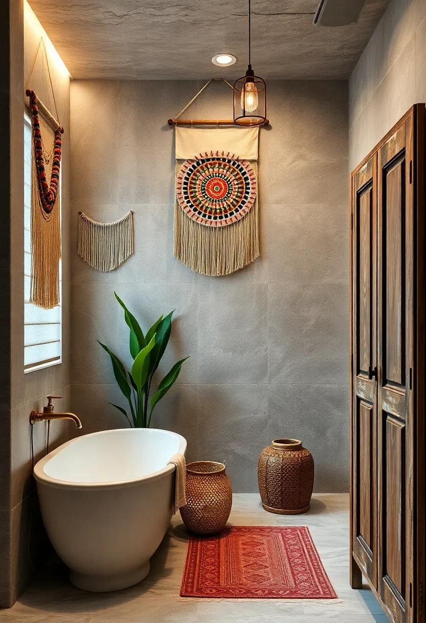 Rohingya Inspired Wall Hangings And Distressed Vintage Armoires Enhancing The Authentic Bohemian Bathroom Feel