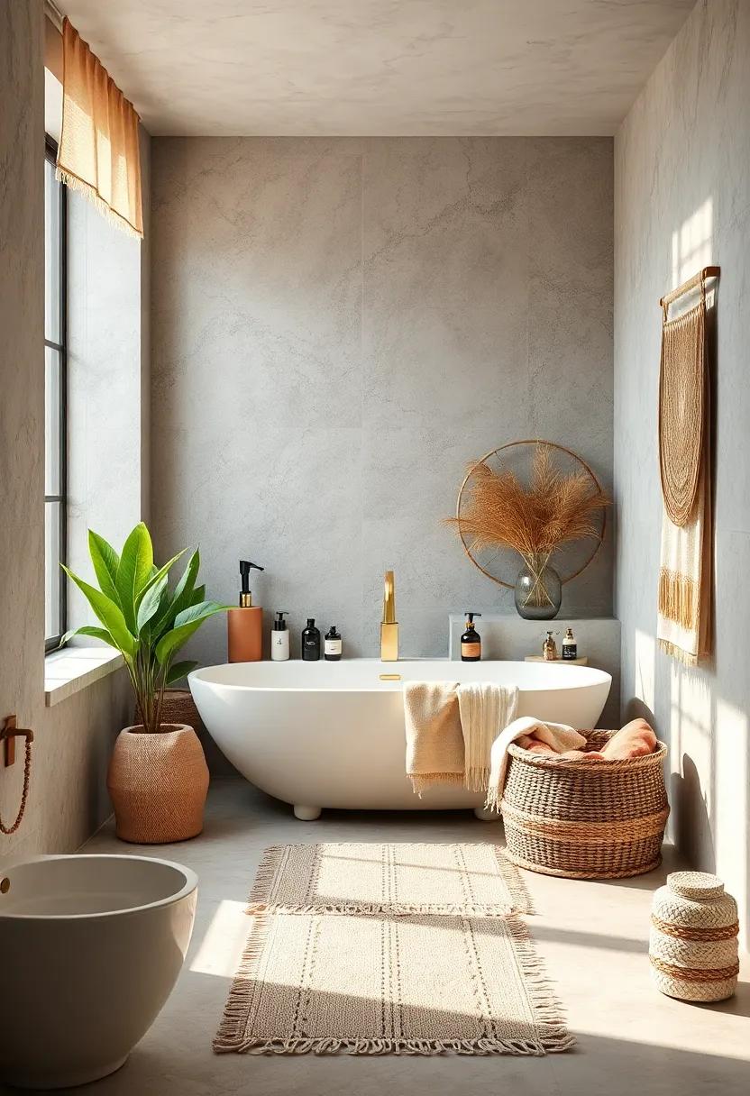 Serene Bathroom Oasis Featuring Handwoven Textiles And Natural Fiber Accents In A Cozy Boho Chic Setting