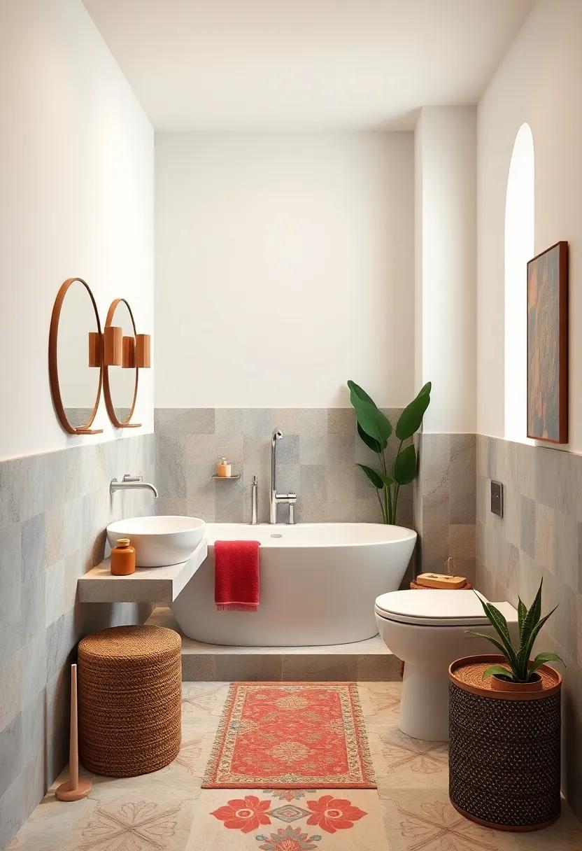 Soft Pastel Walls With Bold Patterned Accent Tiles To Infuse A Playful Yet Refined Bohemian Bathroom Energy