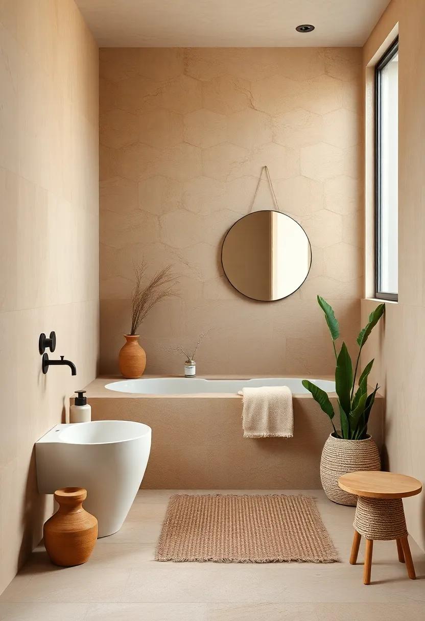 Soft Clay Pottery And Textured Handmade Tiles Blending Effortlessly In A Warm Earth-Toned Boho Bathroom Setting