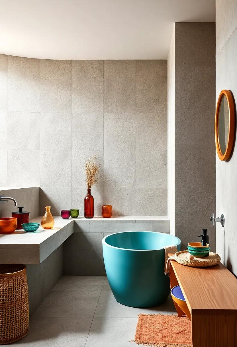 Vibrant Jewel Toned Glassware And Artisan Ceramics Adding A Splash Of Color To A Boho Inspired Luxury Bathroom