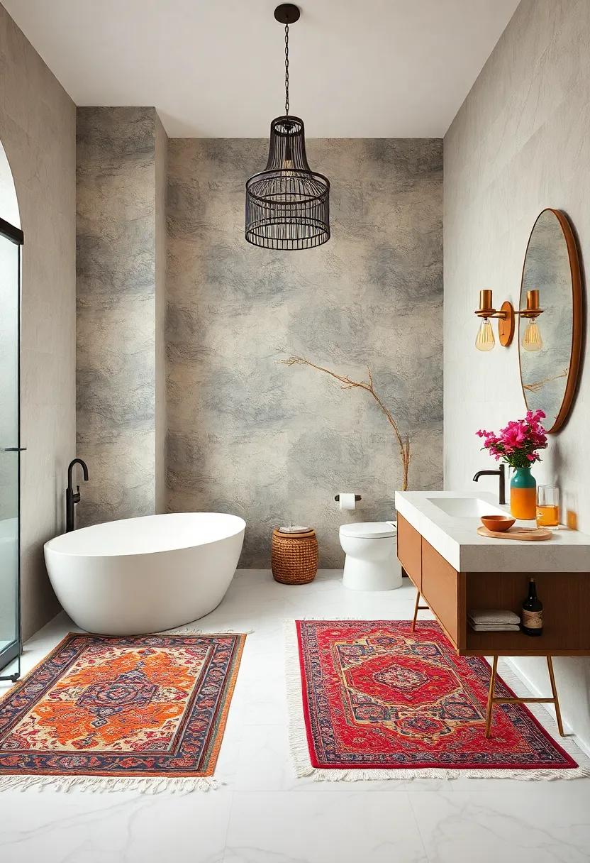 Vintage Persian Rugs Contrasting Polished Marble Floors For An Unexpected Yet Elegant Boho Bathroom Contrast