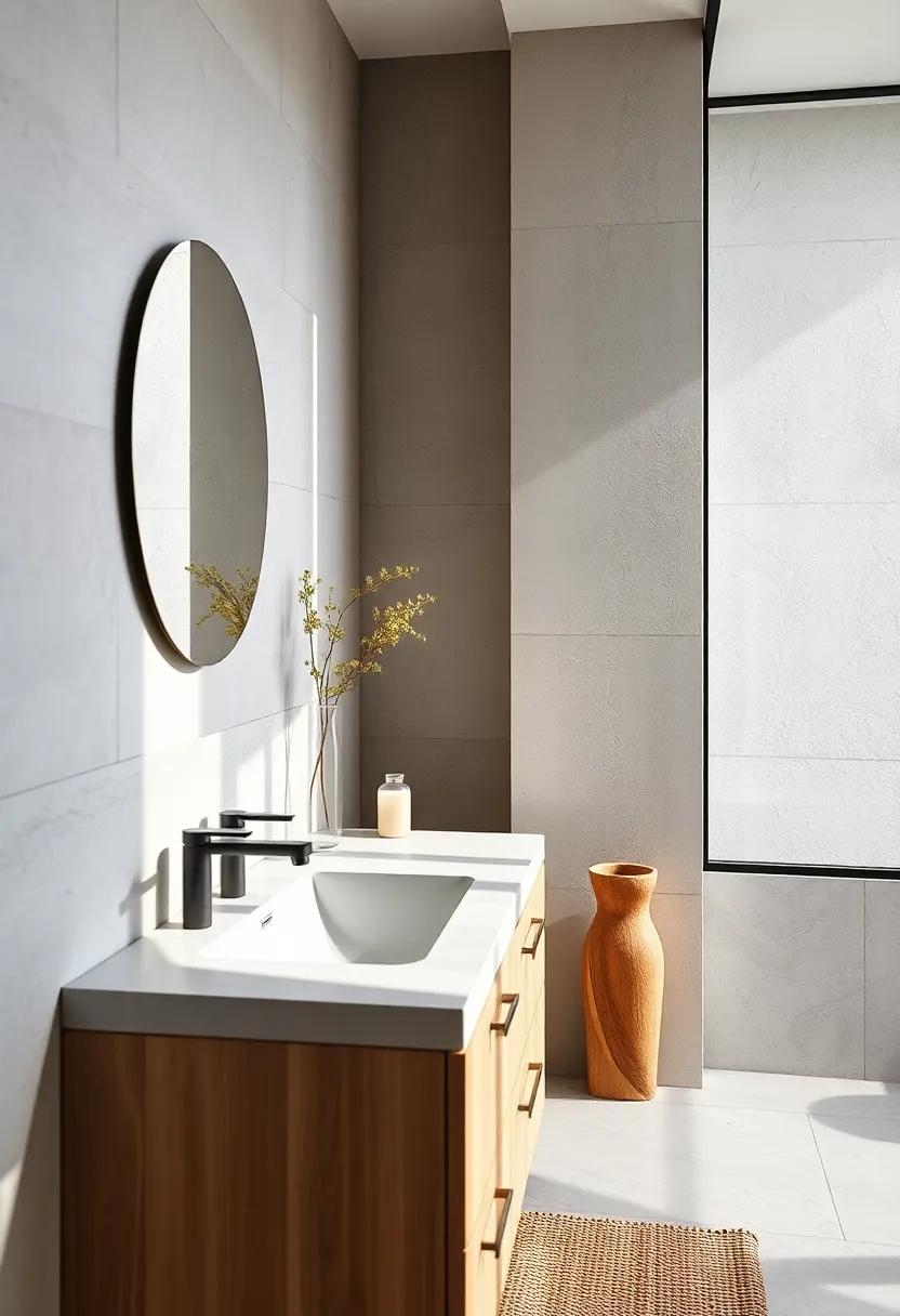 Light Wood Vanity and Matte Black Faucets Embracing Sophisticated Minimalism with Natural Daylight
