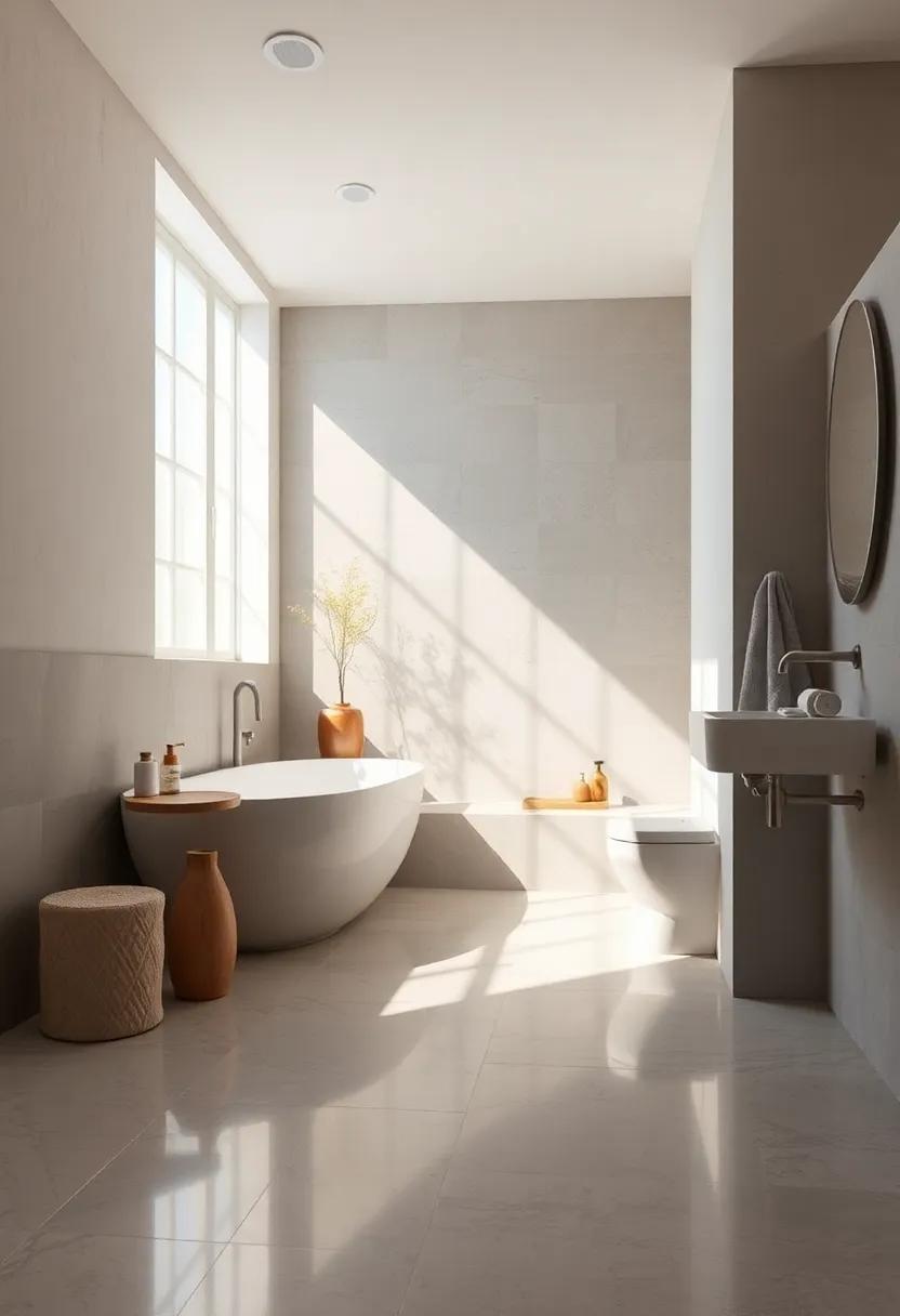 Soft Sunlight Glinting on Polished Stone Floor Contrasted with Matte Walls in a Minimalistic Bath Space