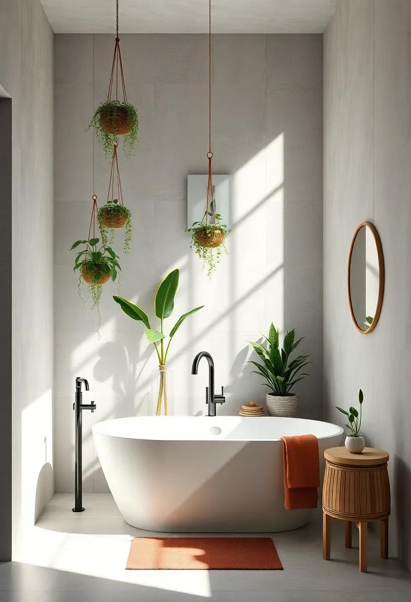 Minimalist Bath with Hanging Plants and Sunlit Walls Bringing Nature Indoors Peacefully