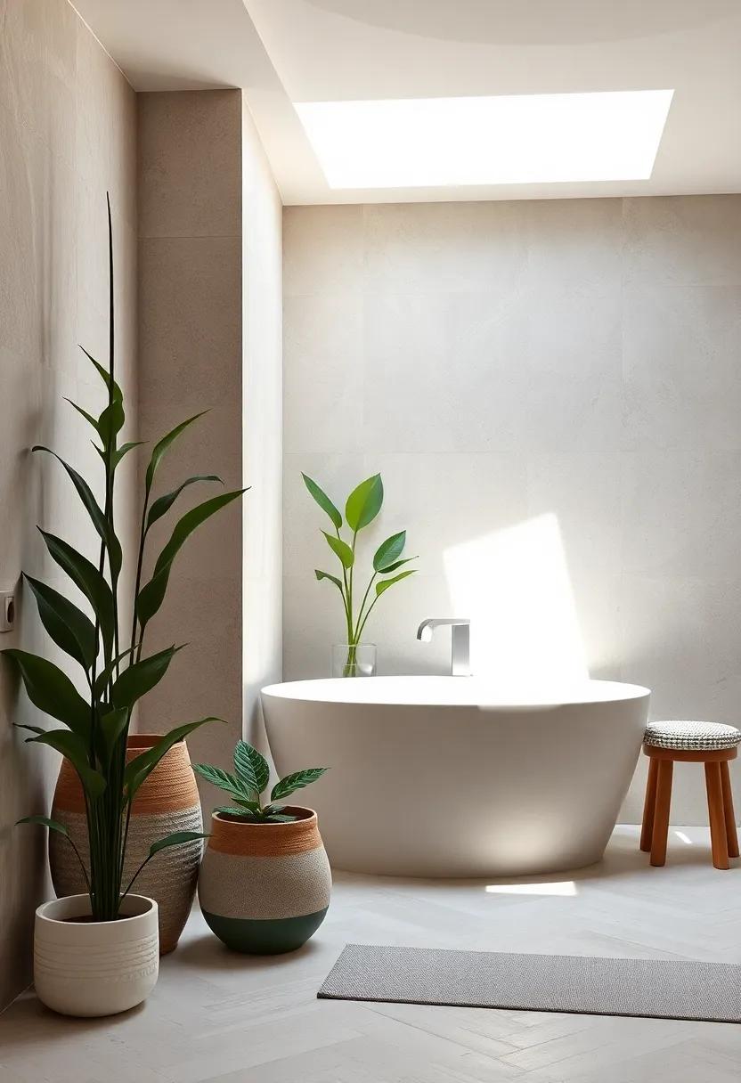 Elegant Ceramic Pots and Fresh Greenery Alongside Sun-Drenched Walls in a Simple Bathroom Setting