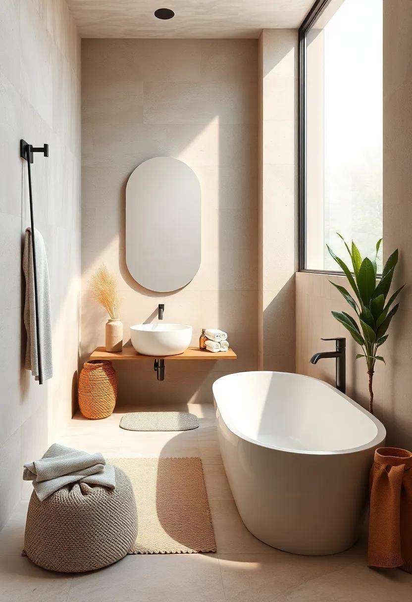 Soft Sheer Curtains Filtering Bright Sunlight in a Subtle and Airy Minimalist Bath Space