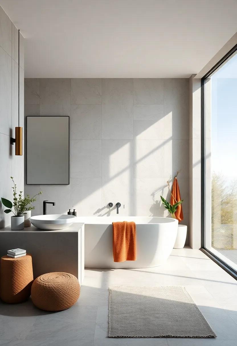 Calm and Tranquil Bathroom Space Featuring Streamlined Fixtures and Expansive Window Blends