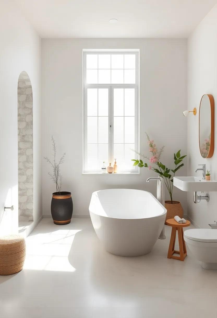 Natural Wood Accents Harmonizing with White Walls and Gentle Sunlight in a Minimalist Bath Retreat