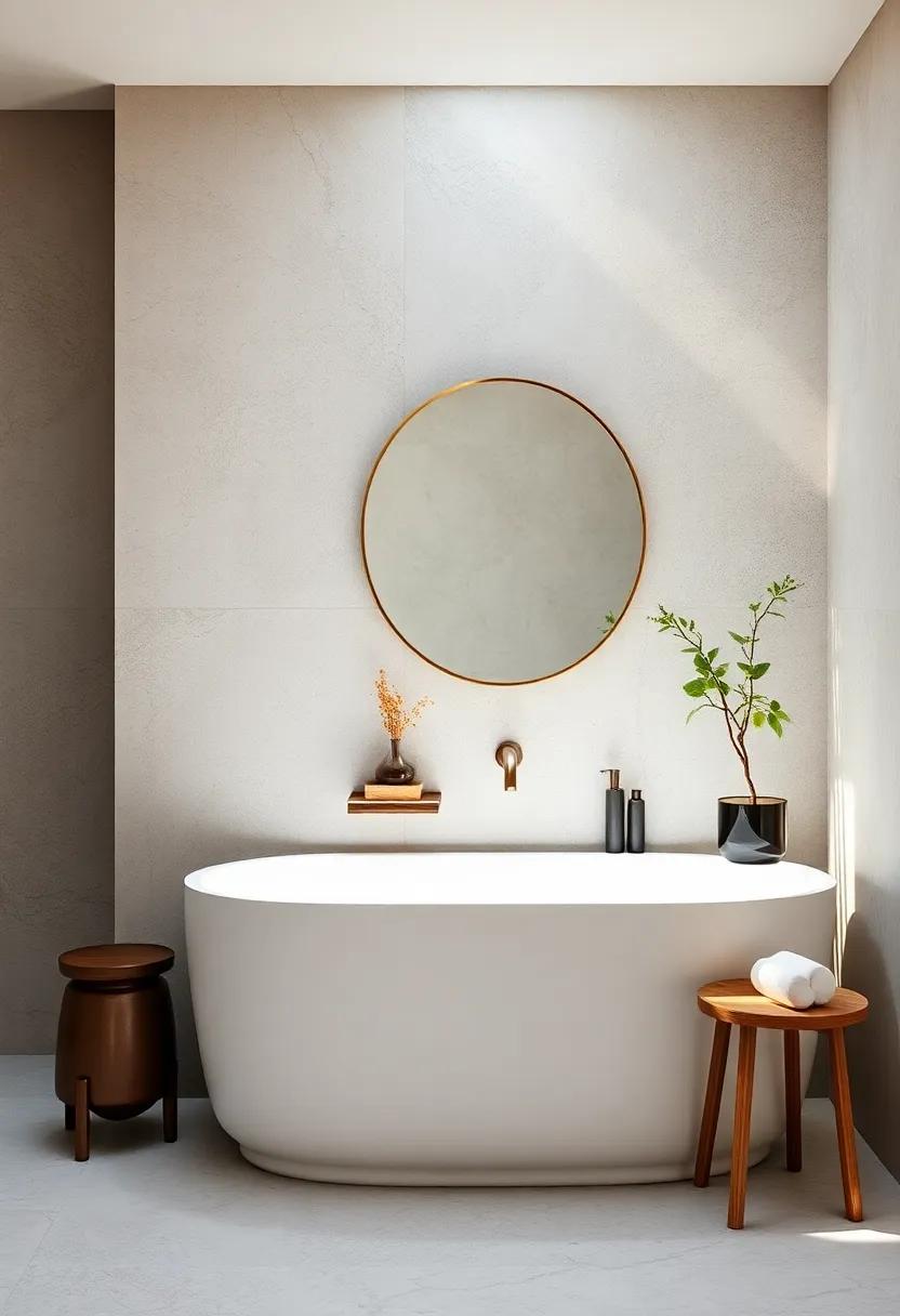 Minimalist Bathroom with Simple Geometric Mirror Casting Reflections of Natural Morning Light