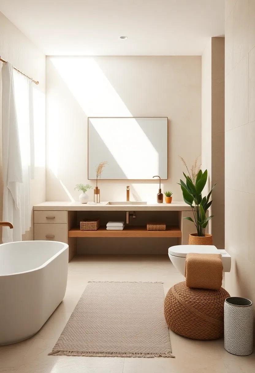 A White and Beige Palette Under Natural Sunbeams Highlighting Subtle Lines and Textures in a Peaceful Bathroom