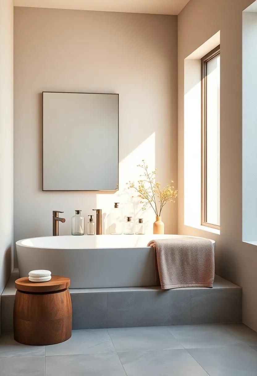 Minimalist Bath Decor with Clear Glass Containers and Linen Towels Bathed in Soft Ambient Daylight