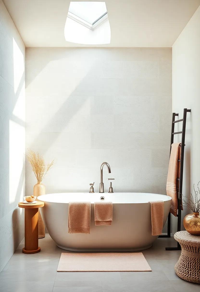 Frosted Skylight Streaming Gentle Daylight Over a Sleek Minimalist Bathtub and Towel Rack