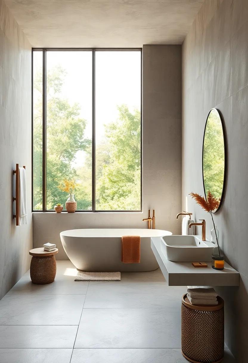 Large Clear Window Framing a Lush Outdoor View, Filling Minimal Bathroom with Vibrant Natural Light