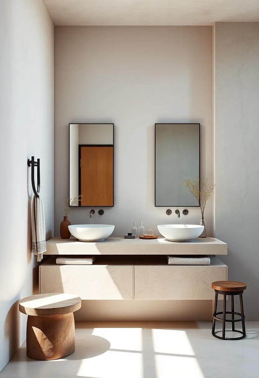 Sunlit Concrete Sink Countertop and Simple Wall Mirrors Enhancing Spacious Feel in a Minimal Bathroom